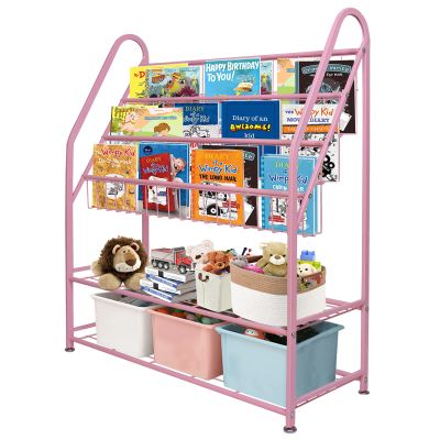 aboxoo Metal Kids Bookshelf Pink Bookcase Freestanding for Children Girls Room 32 inches Large Toddler Pink Stable Bookcase Bookstore Library Book Unit Storage
