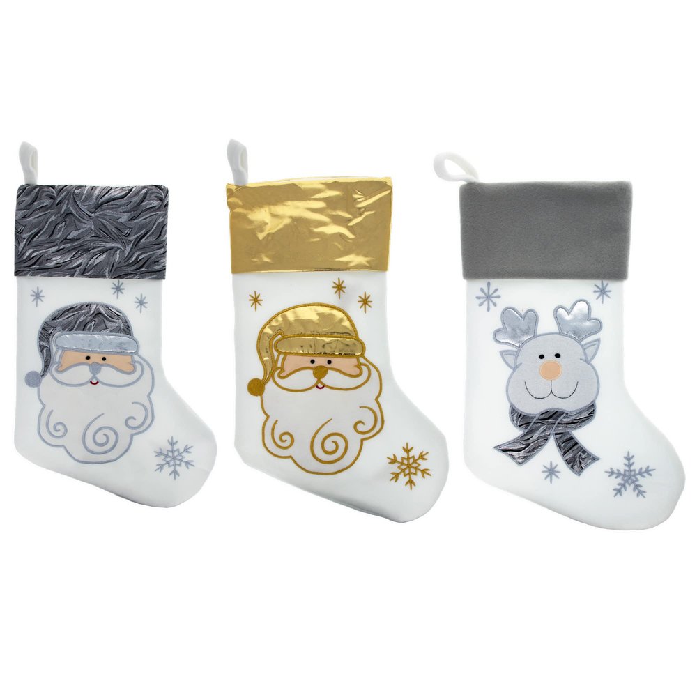 BestPysanky Set of 3 Gold and Silver, on White Felt Santa, Reindeer Christmas Stockings 15 Inches