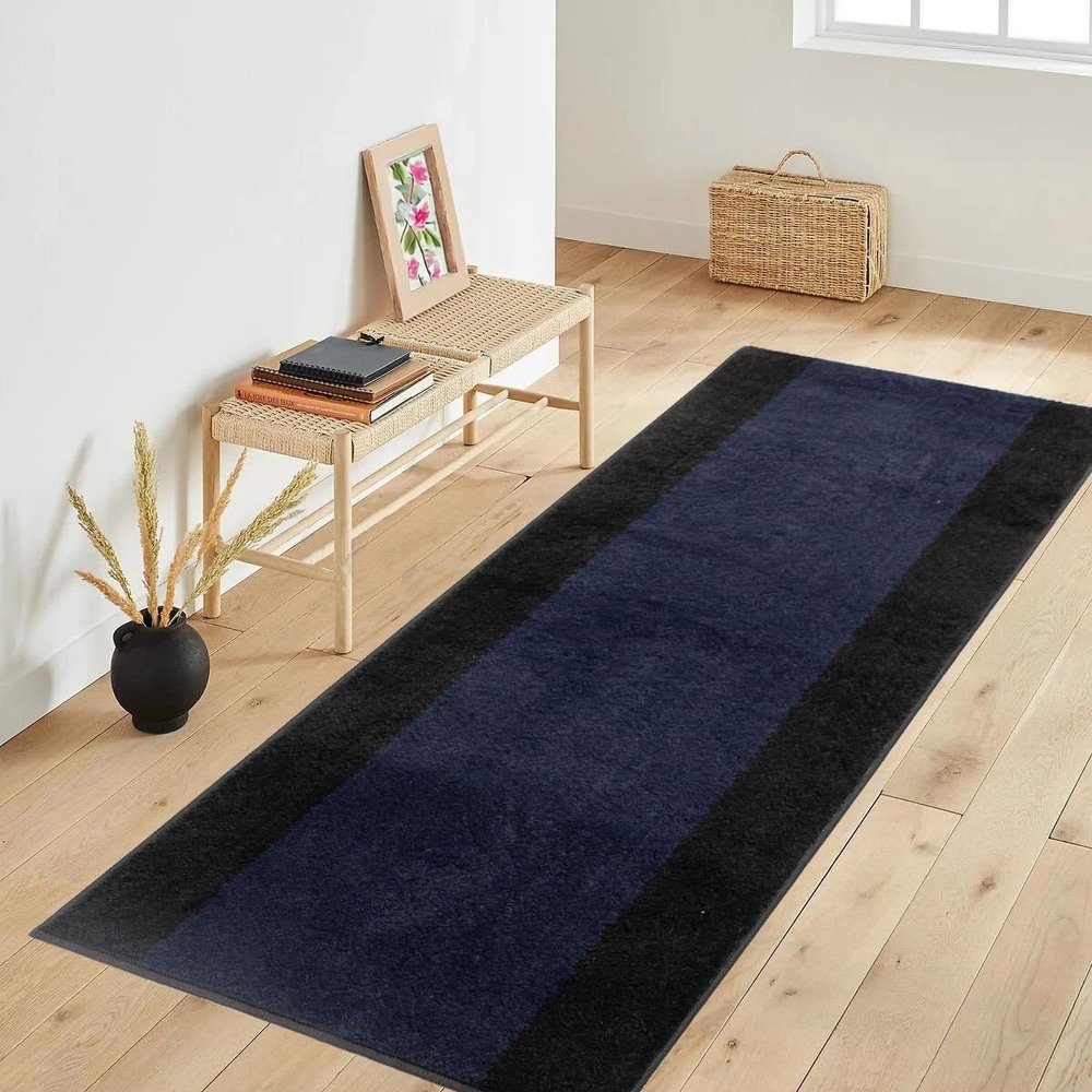 Custom Size Runner Rug Solid Border Design Roll Runner 25 Inch Wide x Your Length Size Choice Slip Skid Resistant Rubber Back Cut to Size (Navy Blue Black, 16 ft x 25 in)