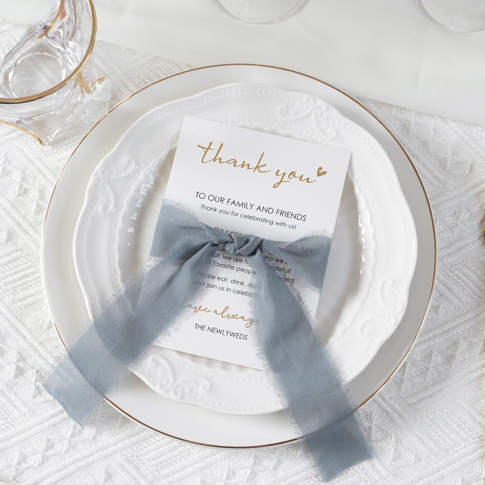 HUIHUANG Wedding Thank You Place Setting Cards with Dusty Blue Chiffon Ribbon, for Weddings Favors, Receptions, Parties, Events and Celebrations-Pack of 50, 4 x 6 inch Add to Your Table Centerpieces