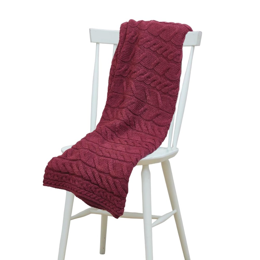 Aran Woollen Mills Irish Cable Knit Blanket Supersoft Merino Wool Throw Made in Ireland 40 inch x 60 inch (Jam Red)