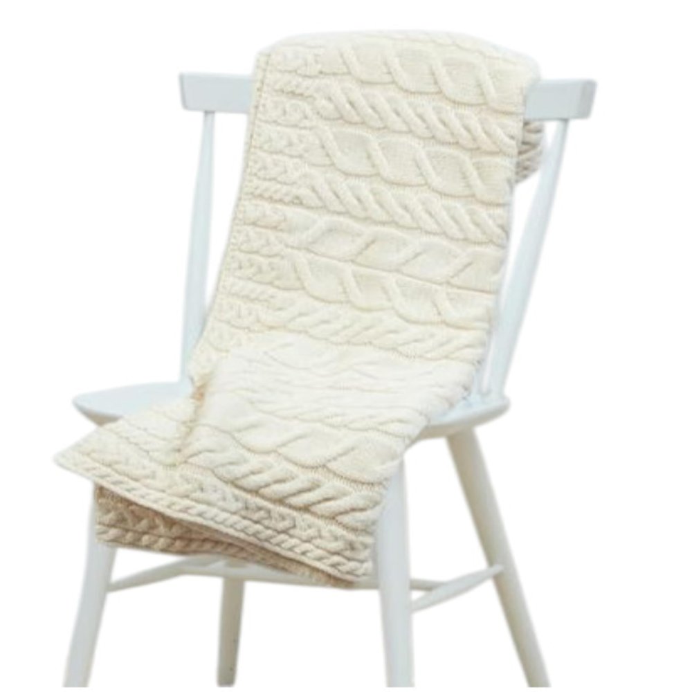 Aran Woollen Mills Cable Throw Blanket, 100% Supersoft Merino Wool, Made in Ireland, Silver Strand, Cream 40" x 60"