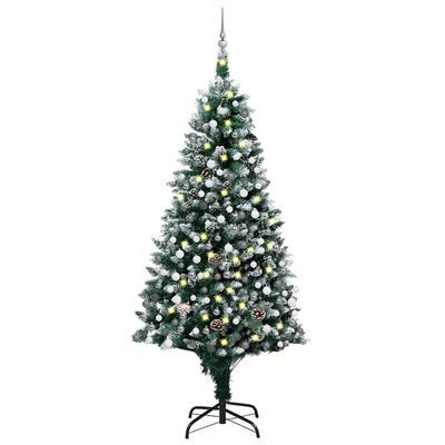 vidaXL Artificial Christmas Tree 82.7" with LEDs, Ball Set, Pine Cones - Green & White - Recyclable PVC, Steel, Plastic - Snow-Tipped, Pointy Branches - Energy-Efficient Decoration