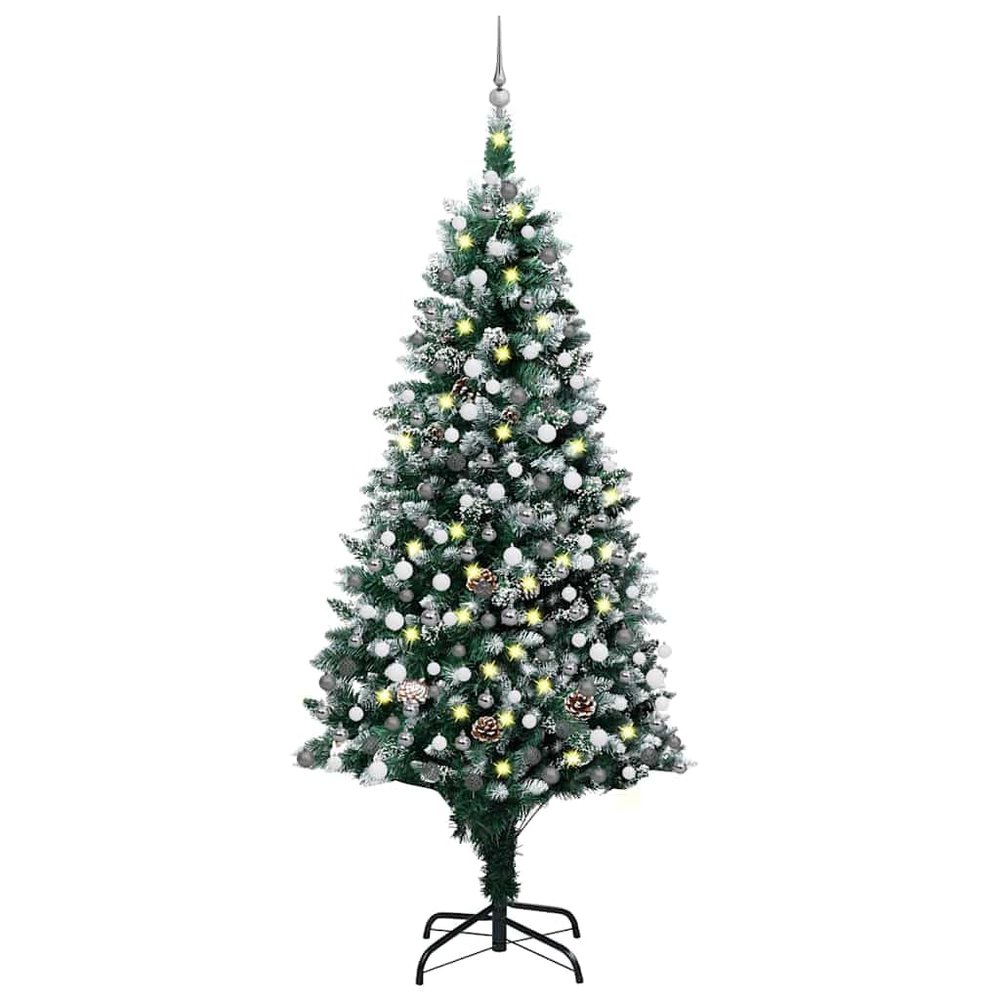 vidaXL Artificial Christmas Tree 82.7" with LEDs, Ball Set, Pine Cones - Green & White - Recyclable PVC, Steel, Plastic - Snow-Tipped, Pointy Branches - Energy-Efficient Decoration