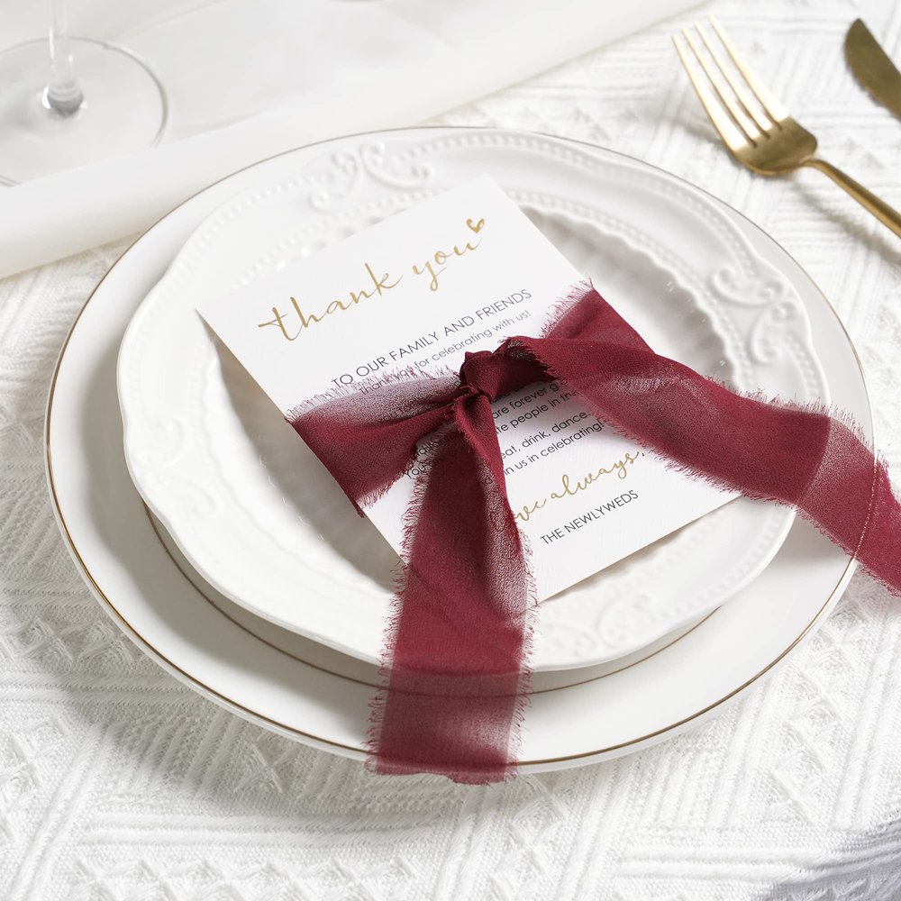 HUIHUANG Wedding Thank You Place Setting Cards with Burgundy Chiffon Ribbon, for Weddings Favors, Receptions, Parties, Events and Celebrations-Pack of 50, 4 x 6 inch add to your Table Centerpieces
