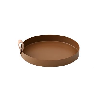 NABEIM Valet Tray Leather, Serving Tray Decorative Round, Iron Plate with Leather Handle to Store Keys Coins Wallet Watch Eyeglasses Jewelry Storage Tray Vanity Platter for Perfume (Color : Brown)