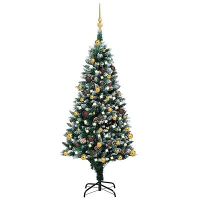 vidaXL Artificial 59.1" Pre-Decorated Christmas Tree with LED Lights, Gold and Bronze Balls, Pinecones, Snow on Tips, Sturdy Metal Base - Green and White
