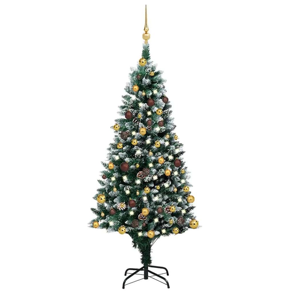 vidaXL Artificial 59.1" Pre-Decorated Christmas Tree with LED Lights, Gold and Bronze Balls, Pinecones, Snow on Tips, Sturdy Metal Base - Green and White