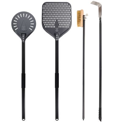 SHANGPEIXUAN Pizza Turning Peel 9 Inch Perforated Pizza Peel and Pizza Brush Ash Rake 4 Piece Wood Fired Commercial Pizza Oven Utensil Kit with 40-Inch Aluminum Handle