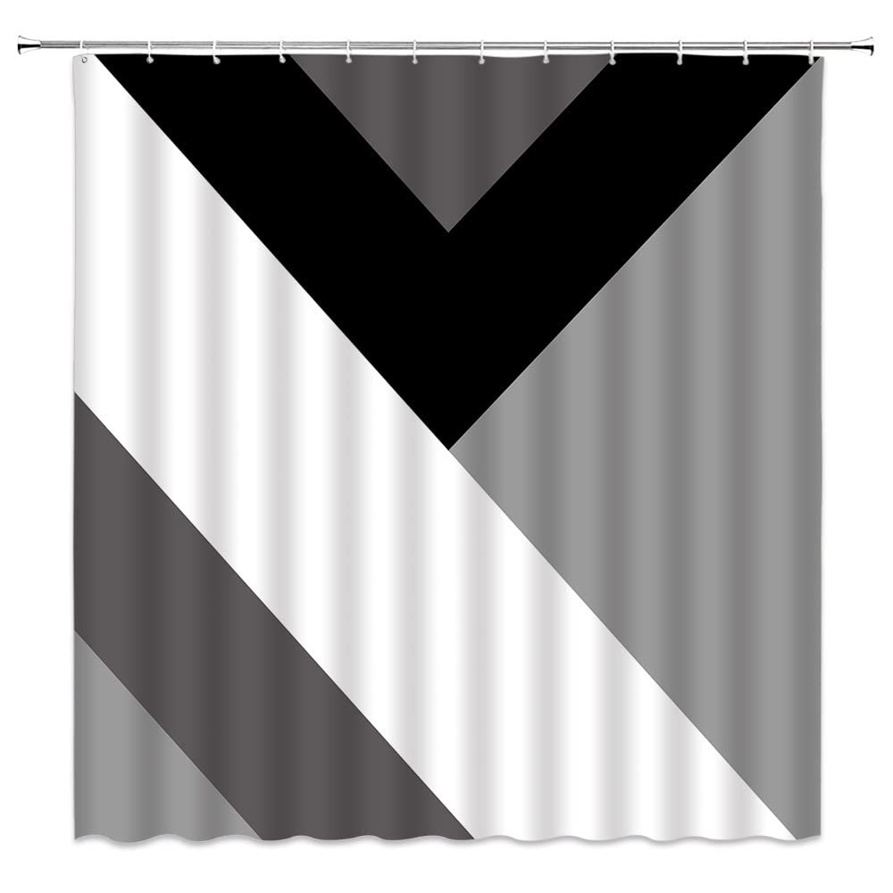Abstract Geometric Shower Curtain Black White Gray Modern Geometry Triangle Pattern Contemporary Mid Century Art Striped Shapes Fabric Home Bathroom Decor Set with Hooks67" Wx70 H