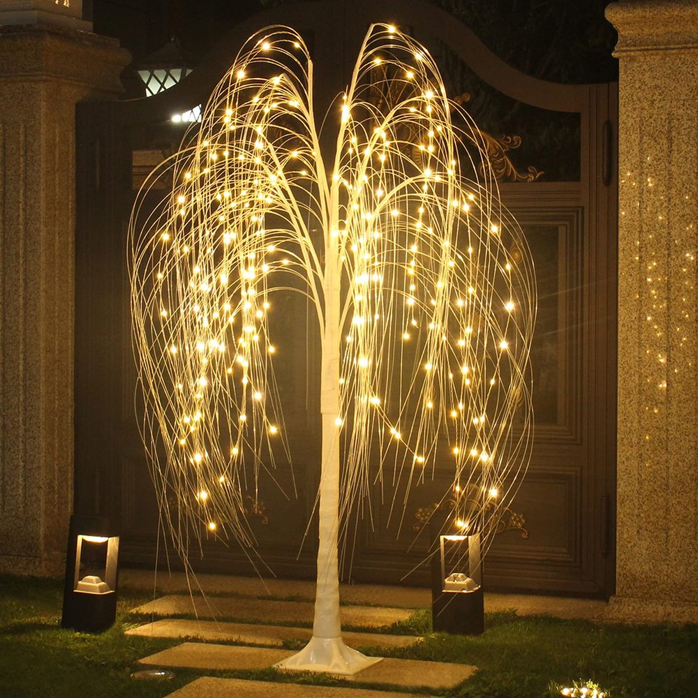 Fanshunlite 5FT Lighted Weeping Willow Tree with 216 LED Fairy Lights, Artificial Twig Tree for Indoor Outdoor Christmas Halloween Wedding Party Home Garden Decor, Warm White