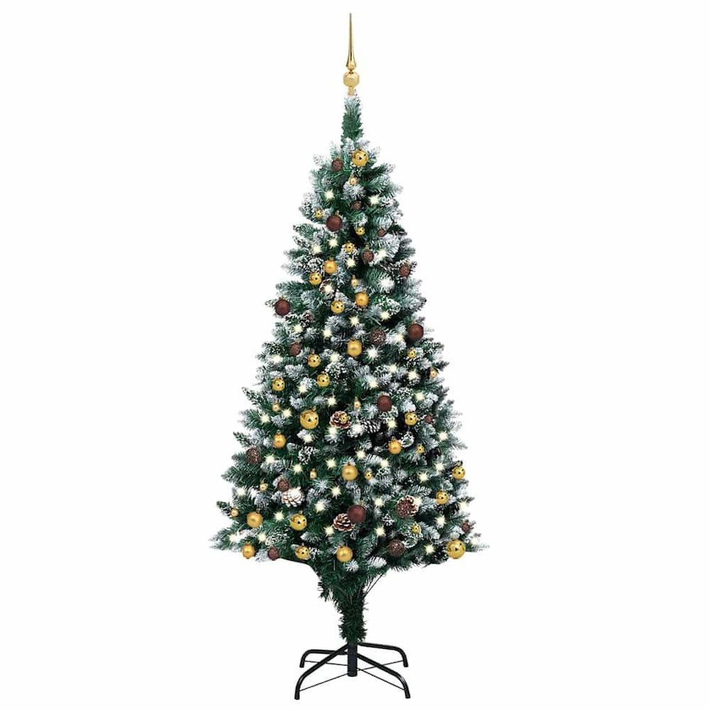 'vidaXL Artificial Christmas Tree with LEDs, Ball Set, Pinecones - Green & White, 82.7" Height, PVC, Steel, Plastic Construction with Metal Base, Indoor Celebratory Decor