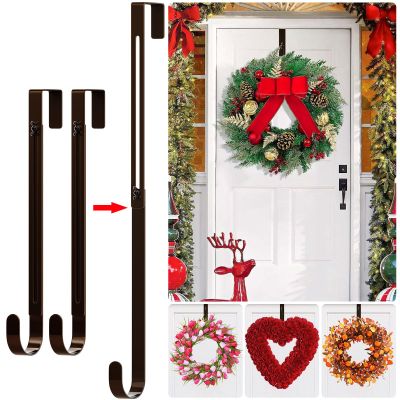 ZYSUN 2-Pack Wreath Hooks for Front Door, 12.5-20" Extendable Heavy Duty Metal Over The Door Hooks (22 lbs) for Spring Decor & Coats, Slim Damage-Free Hanger for Tall & Screen Doors, Brushed Nickel