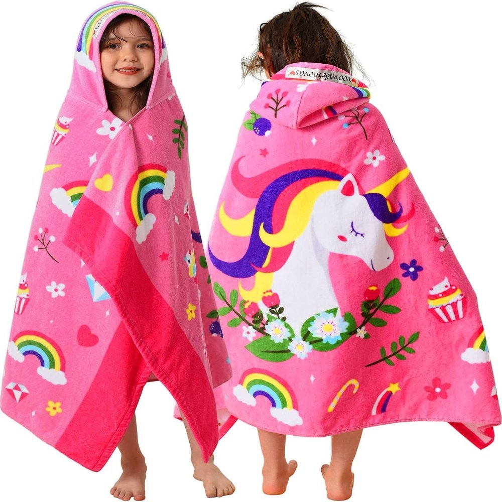 VOOVA & MOVAS Unicorn Hooded Towel for Girls Age 3-8, Large 30"x50" 100% Cotton Ultra Absorbent Wearable Wrap, Pink Bath Towel for Beach Pool Swim, Birthday Gift for Kids