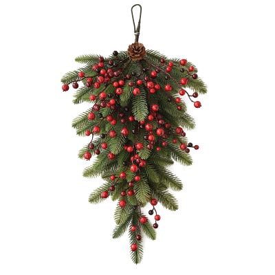 QSDGFH Wintry Pine Tear Drop Swag, 27.6in Christmas Swag with Pine Cones Red Berry Artificial Teardrop Wreath for Holiday Party Front Door