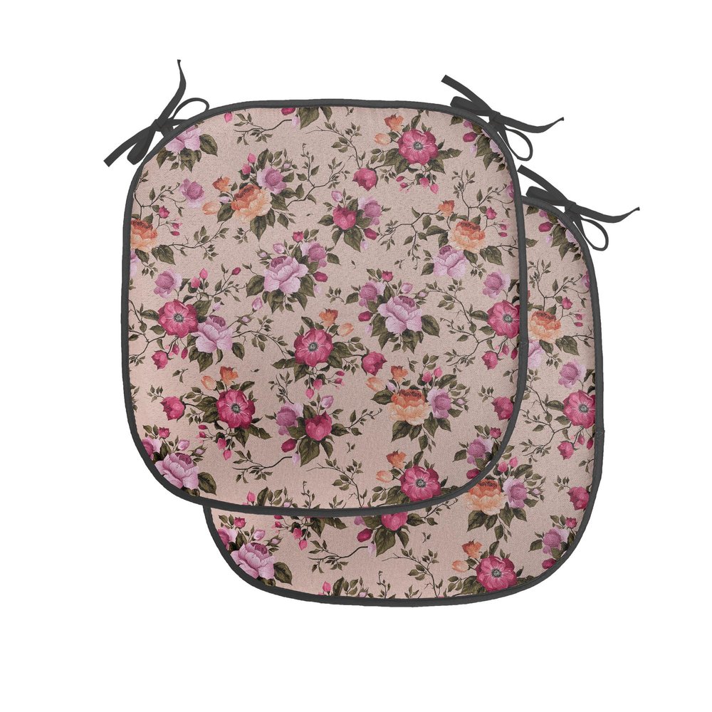 Ambesonne Flower Chair Seating Cushion Set of 2, Floral Pattern with Roses Twig Warm Colors Flower Arrangement Bouquets, Anti-Slip Seat Padding for Kitchen & Patio, 16"x16", Tan Pink Dark Green