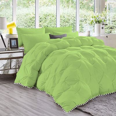 1 Piece Amuze Bedding Pom Pom Pinch Pleated Comforter Set 800 TC 100% Egyptian Cotton, White Vintage Pom-Pom Fringe Super Soft (Full/Queen , Sage )