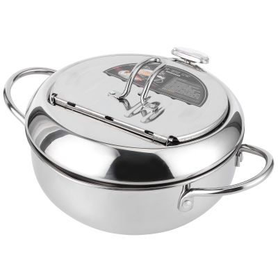Frying Pot, Japanese Fryer Pot, Stainless Steel Deep Frying Cookware with Thermometer, Lid, Oil Drip Drainer Rack(Large 24cm)