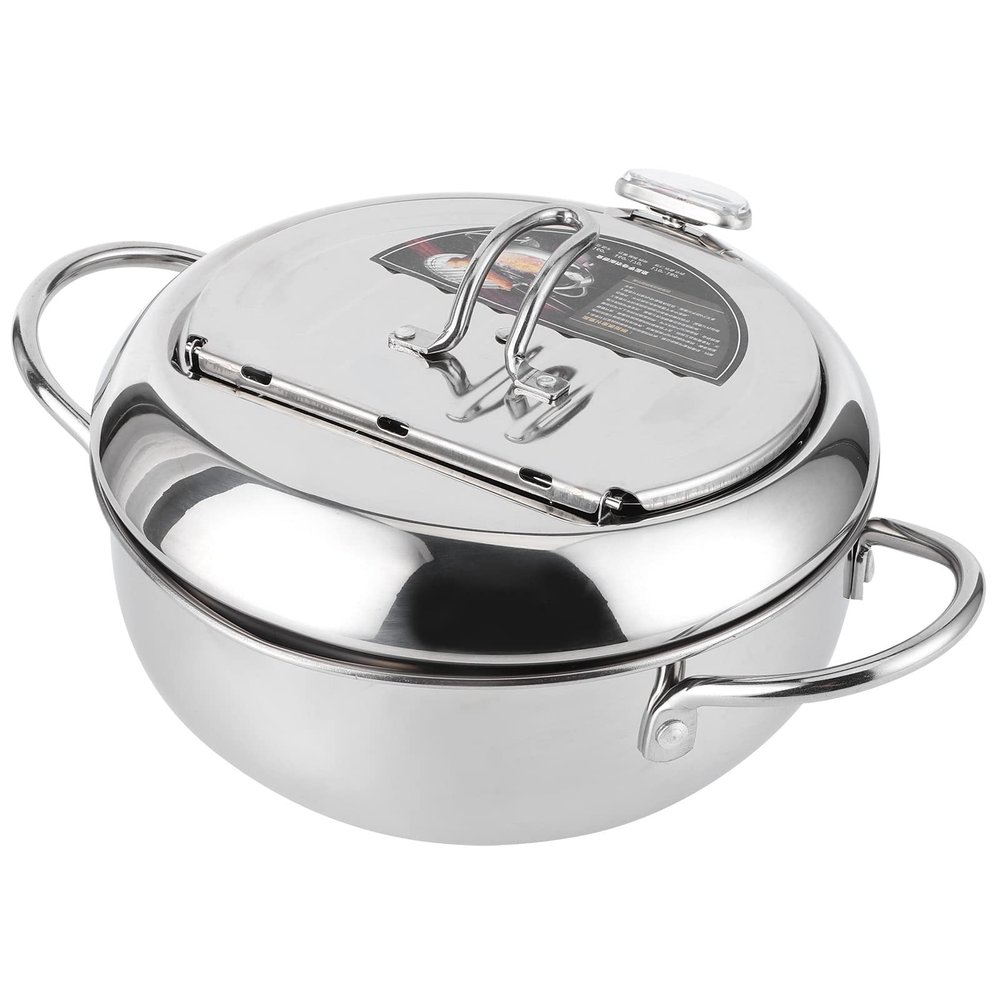 Frying Pot, Japanese Fryer Pot, Stainless Steel Deep Frying Cookware with Thermometer, Lid, Oil Drip Drainer Rack(Large 24cm)