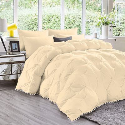 5 Piece Amuze Bedding Pom Pom Pinch Pleated Comforter Set 800 TC 100% Egyptian Cotton, White Vintage Pom-Pom Fringe Super Soft (King/Cal King , Ivory )