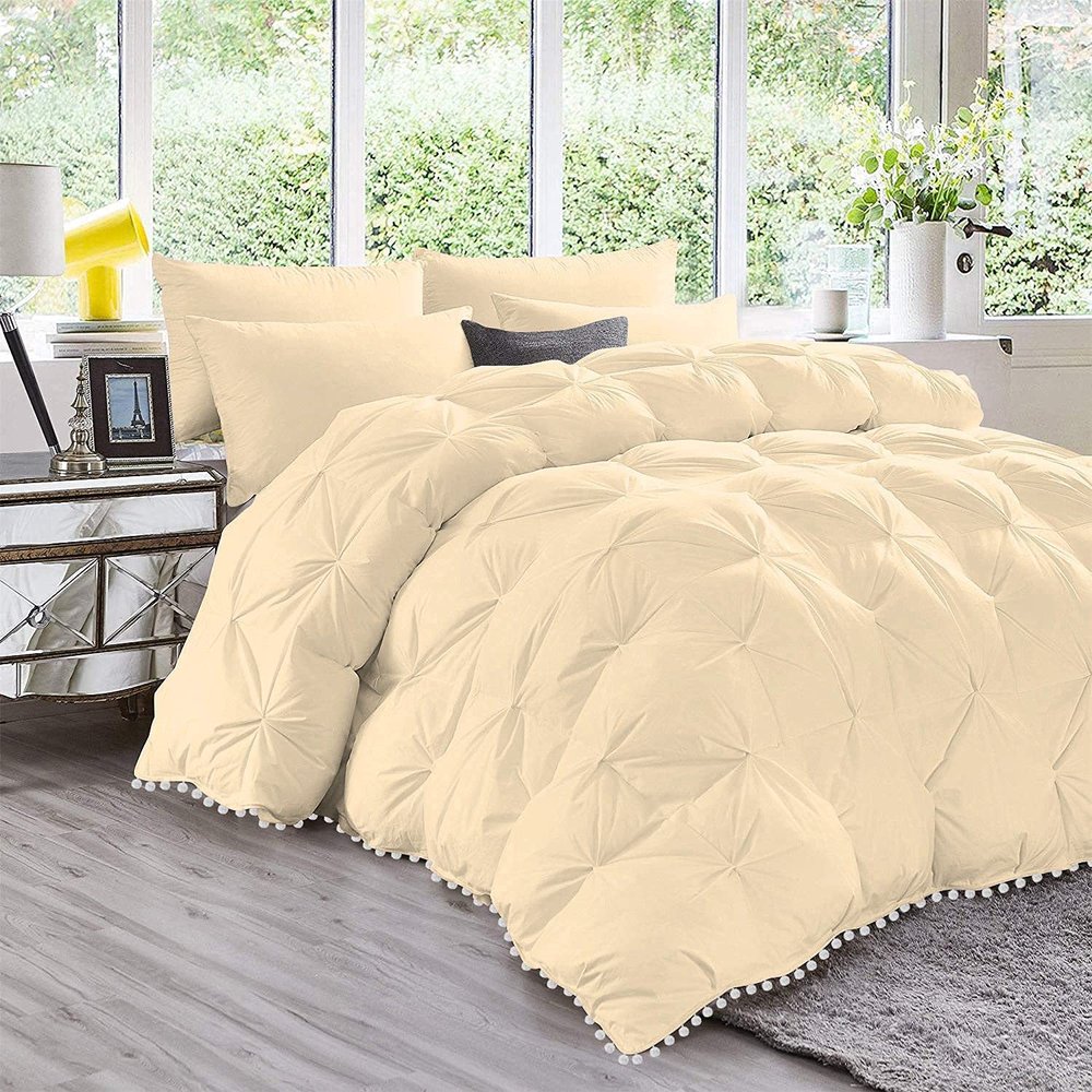 5 Piece Amuze Bedding Pom Pom Pinch Pleated Comforter Set 800 TC 100% Egyptian Cotton, White Vintage Pom-Pom Fringe Super Soft (King/Cal King , Ivory )