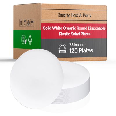 Disposable Plastic Plates with Rim Design, Organic Round Dinnerware Bulk Order for Wedding, Birthday & All Occasions (White, 7.5" Salad Plates (120 Plates))