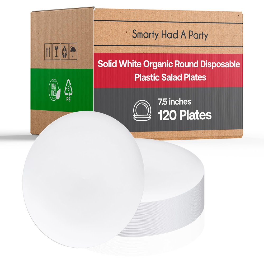 Disposable Plastic Plates with Rim Design, Organic Round Dinnerware Bulk Order for Wedding, Birthday & All Occasions (White, 7.5" Salad Plates (120 Plates))