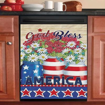 Patriotic Magnet Dishwasher Cover,God Bless America Decals Refrigerator Magnetic,Daisy Flower Fridge Panel Decal,Prim Barn Vinyl Magnets for Home Kitchen Appliance Decor 23"x17"