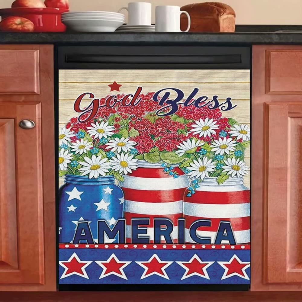 Patriotic Magnet Dishwasher Cover,God Bless America Decals Refrigerator Magnetic,Daisy Flower Fridge Panel Decal,Prim Barn Vinyl Magnets for Home Kitchen Appliance Decor 23"x17"