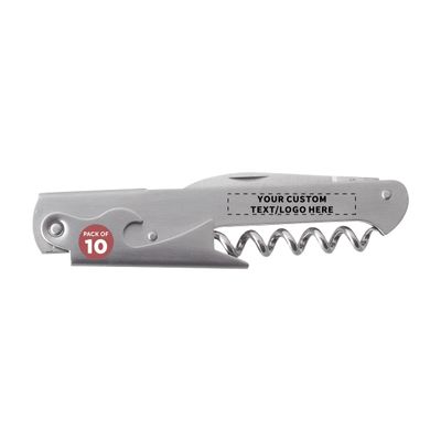 10 Valencia Stainless Steel Wine Bottle Openers Set - Customizable Text, Logo - Corkscrew, Serrated knife, Perfect for Bars - Silver
