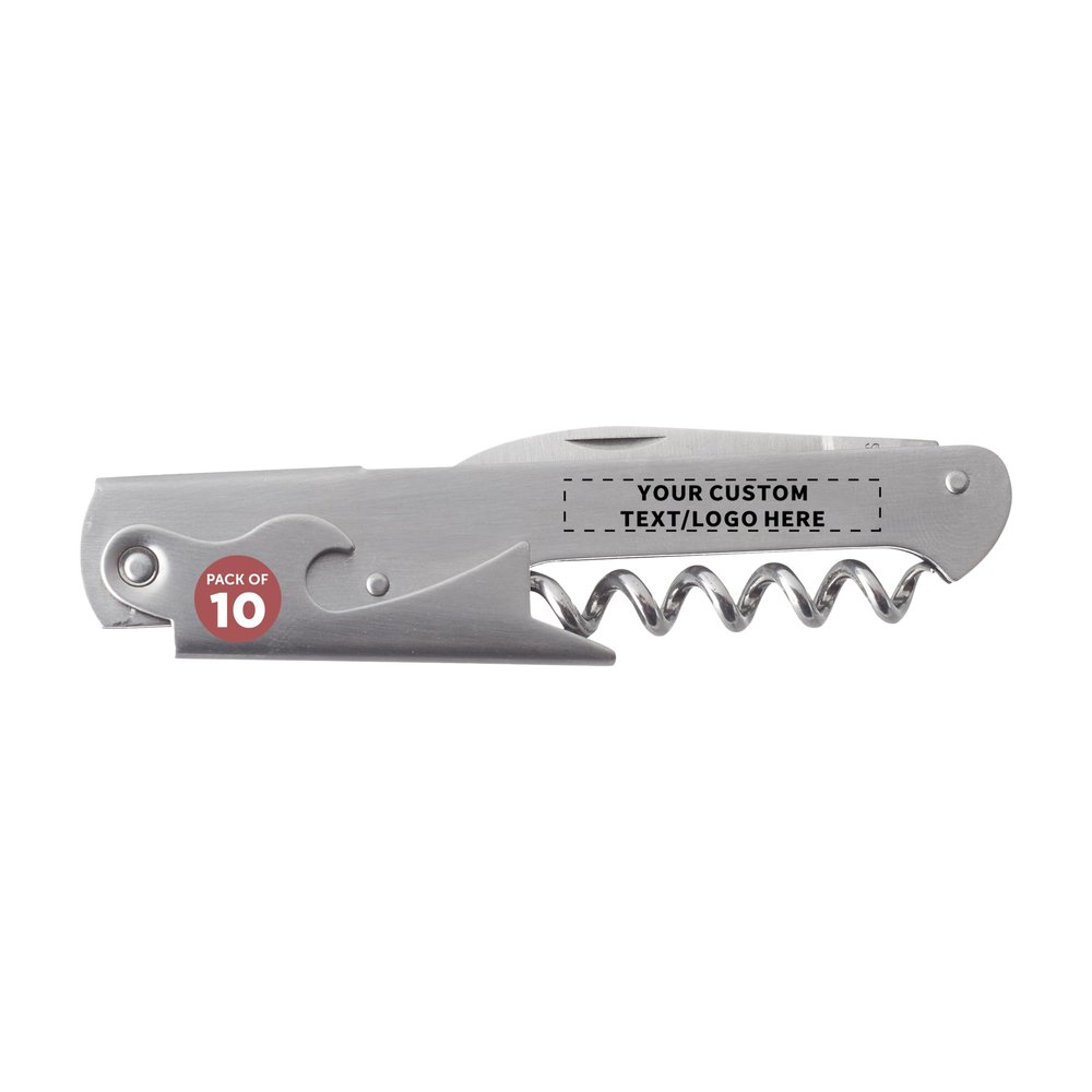10 Valencia Stainless Steel Wine Bottle Openers Set - Customizable Text, Logo - Corkscrew, Serrated knife, Perfect for Bars - Silver