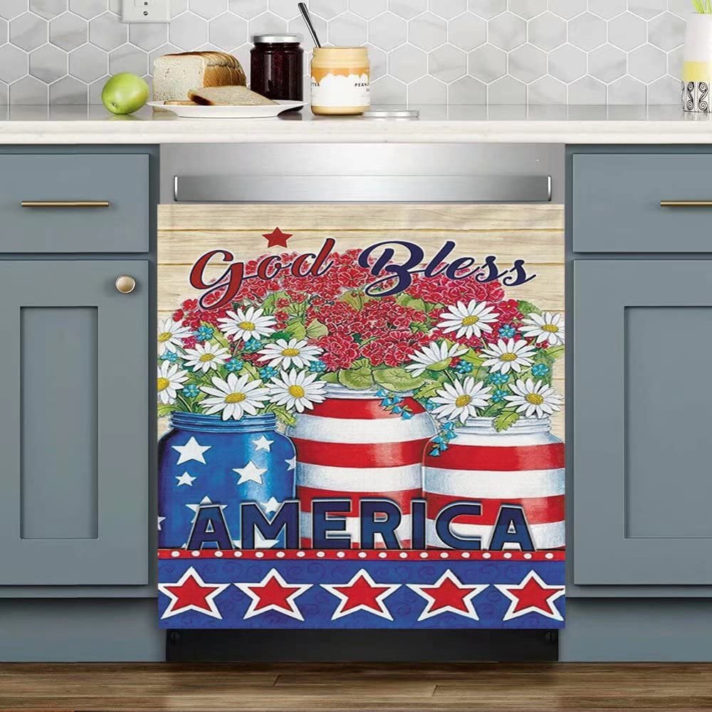 Patriotic Magnet Dishwasher Cover,God Bless America Decals Refrigerator Magnetic,Daisy Flower Fridge Panel Decal,Prim Barn Vinyl Magnets for Home Kitchen Appliance Decor 23"x26"