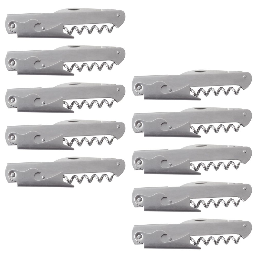10 Valencia Stainless Steel Wine Bottle Openers Set - Corkscrew, Serrated knife, Perfect for Bars - Silver