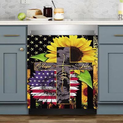 Patriotic Magnet Ameican Hope Love Faith Dishwasher Door Cover,Sunflower Refrigerator Magnetic Decals,Cross Vinyl Panel Decal Kitchen Decoration,Home Appliance Sticker for Fridge 23"x26"