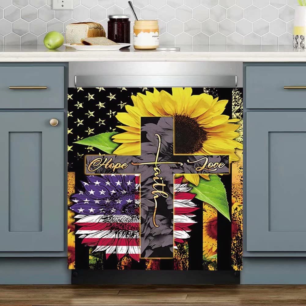 Patriotic Magnet Ameican Hope Love Faith Dishwasher Door Cover,Sunflower Refrigerator Magnetic Decals,Cross Vinyl Panel Decal Kitchen Decoration,Home Appliance Sticker for Fridge 23"x26"
