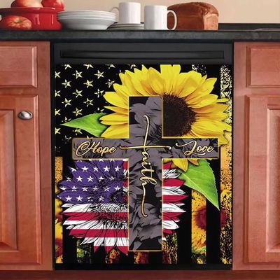 Patriotic Magnet Ameican Hope Love Faith Dishwasher Door Cover,Sunflower Refrigerator Magnetic Decals,Cross Vinyl Panel Decal Kitchen Decoration,Home Appliance Sticker for Fridge 23"x17"