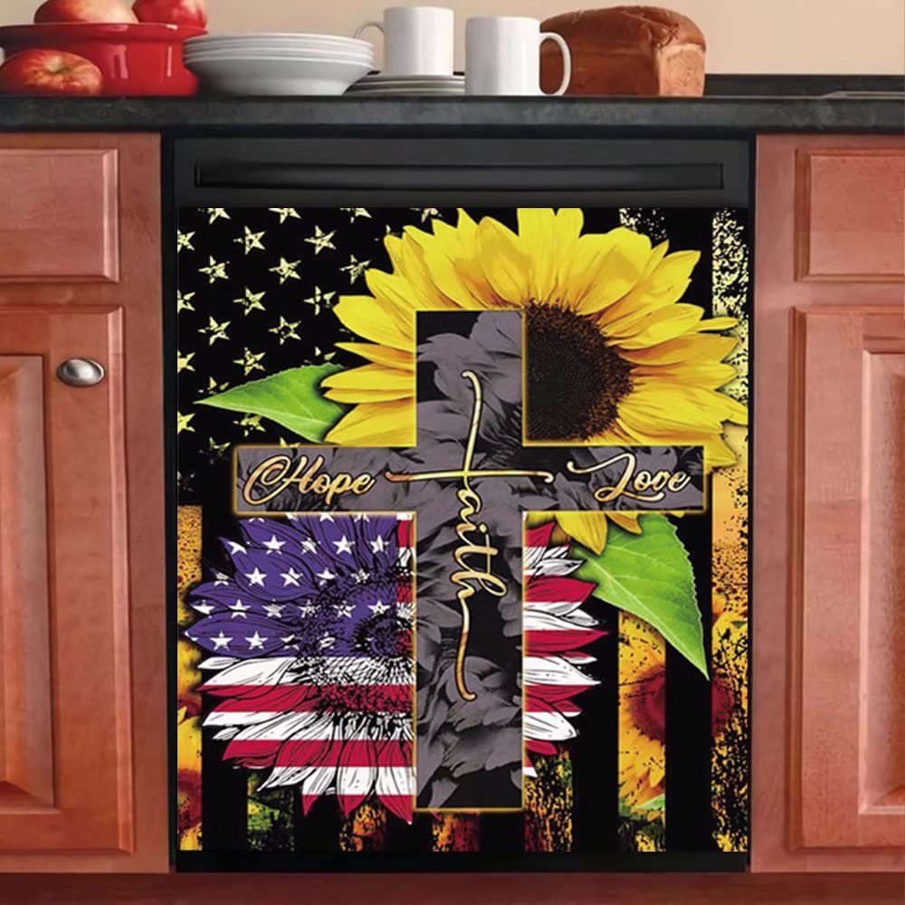Patriotic Magnet Ameican Hope Love Faith Dishwasher Door Cover,Sunflower Refrigerator Magnetic Decals,Cross Vinyl Panel Decal Kitchen Decoration,Home Appliance Sticker for Fridge 23"x17"