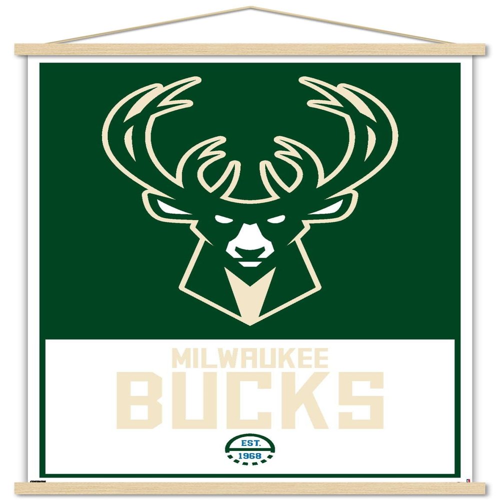 Trends International NBA Milwaukee Bucks - Logo 21 Wall Poster, 22.375" x 34", Print and Beechwood Hanger Bundle