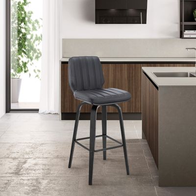 Armen Living Renee 26" Swivel Gray Faux Leather and Black Wood Bar Stool