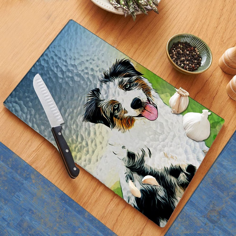 Australian Shepherd Puppy Cutting Board Counter Decorative Glass Cutting Board, Trivet, Kitchen Counter Art