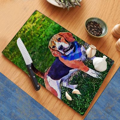 Beagle Plaid Blue Bandana Cutting Board Counter Decorative Glass Cutting Board, Trivet, Kitchen Counter Art
