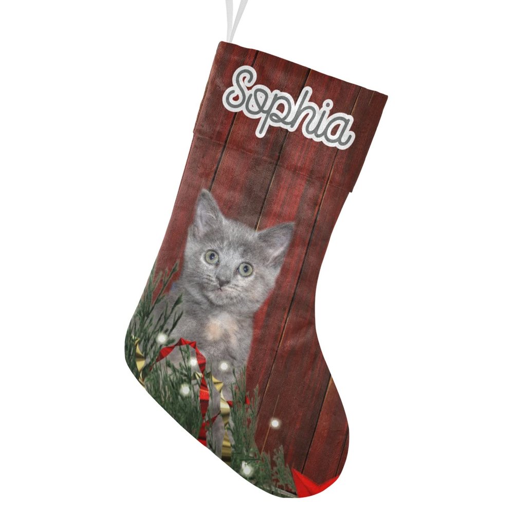 CUXWEOT Personalized Christmas Grey Cat Christmas Stockings Customize Name Candy Bag for Family Holiday Party Decorations Gift 17.52 x 7.87 Inch