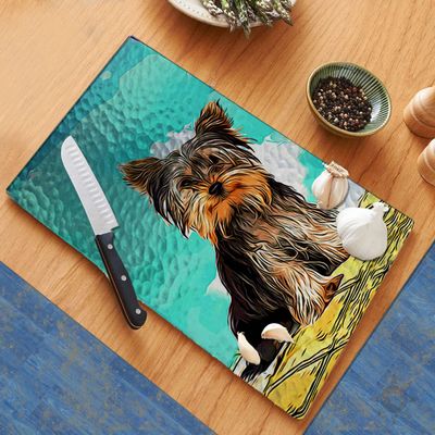 Adorable Yorkshire Terrier Puppy Cutting Board Counter Decorative Glass Cutting Board, Trivet, Kitchen Counter Art