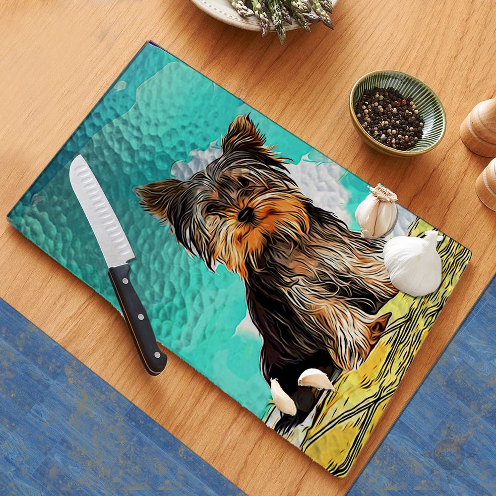 Adorable Yorkshire Terrier Puppy Cutting Board Counter Decorative Glass Cutting Board, Trivet, Kitchen Counter Art