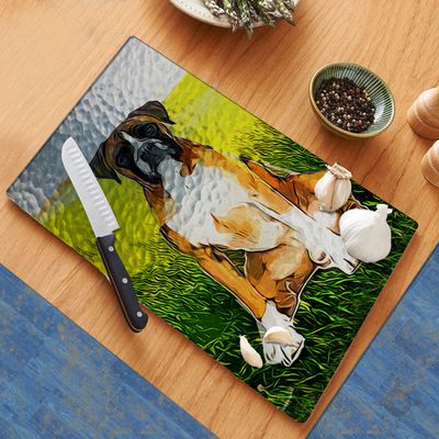 Adorable Boxer Puppy Cutting Board Counter Decorative Glass Cutting Board, Trivet, Kitchen Counter Art