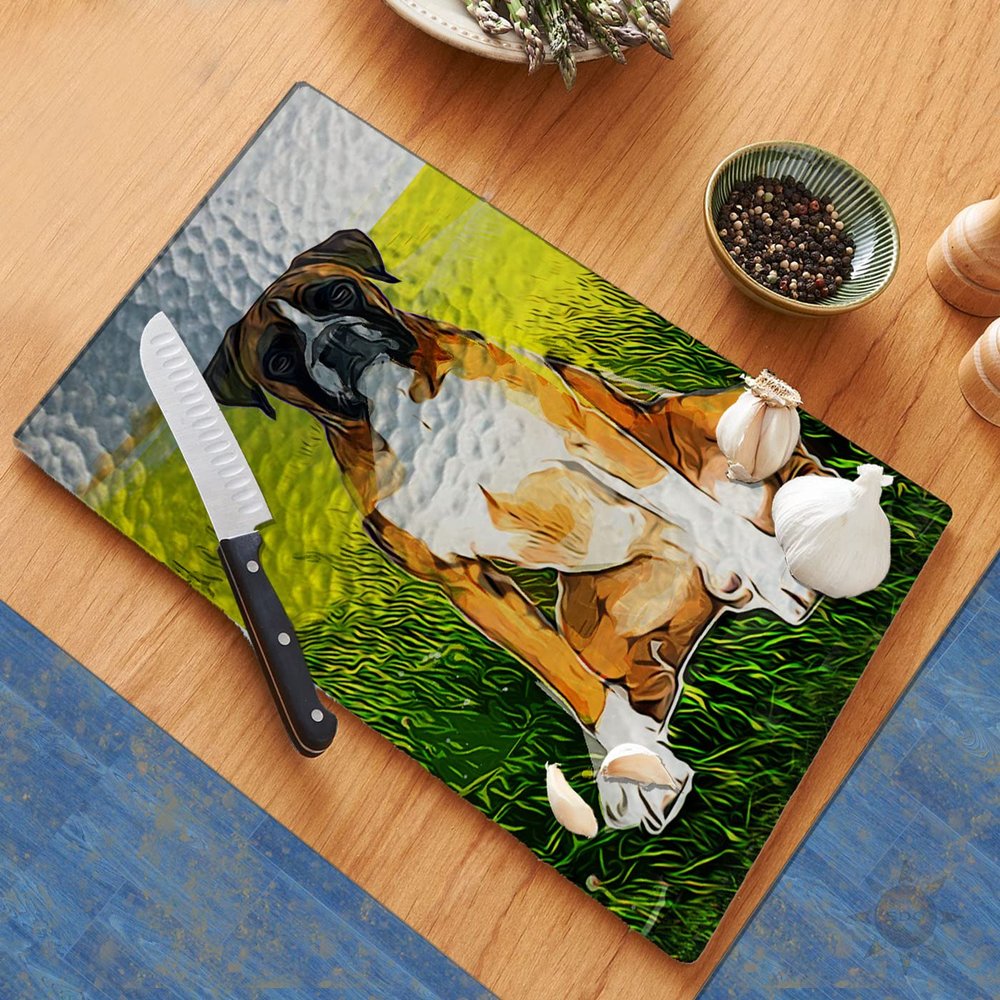 Adorable Boxer Puppy Cutting Board Counter Decorative Glass Cutting Board, Trivet, Kitchen Counter Art