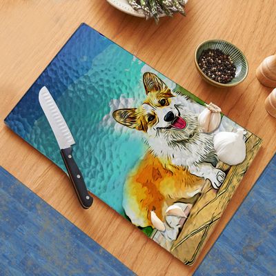 Adorable Welsh Corgi Puppy Cutting Board Counter Decorative Glass Cutting Board, Trivet, Kitchen Counter Art