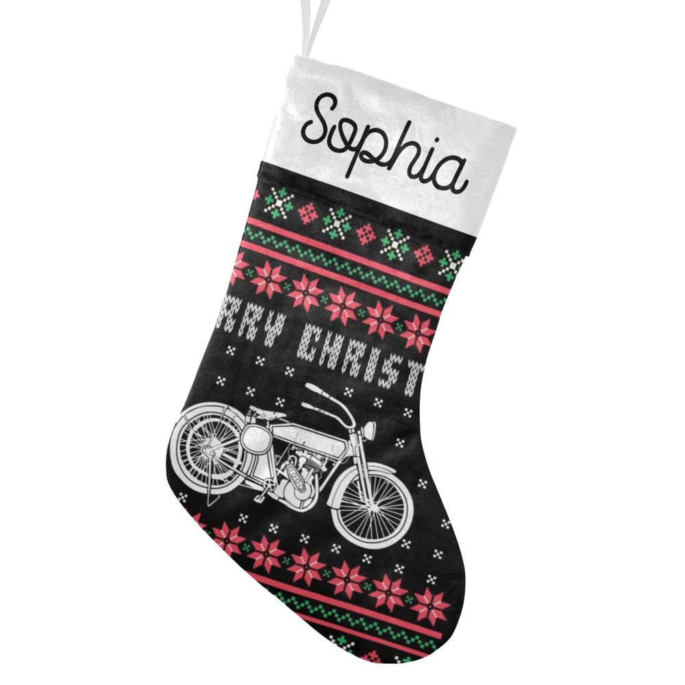 CUXWEOT Personalized Christmas White Motorcycle Christmas Stocking Customize Name Xmas Socks for Family Holiday Decorations Gift 17.52 x 7.87 Inch