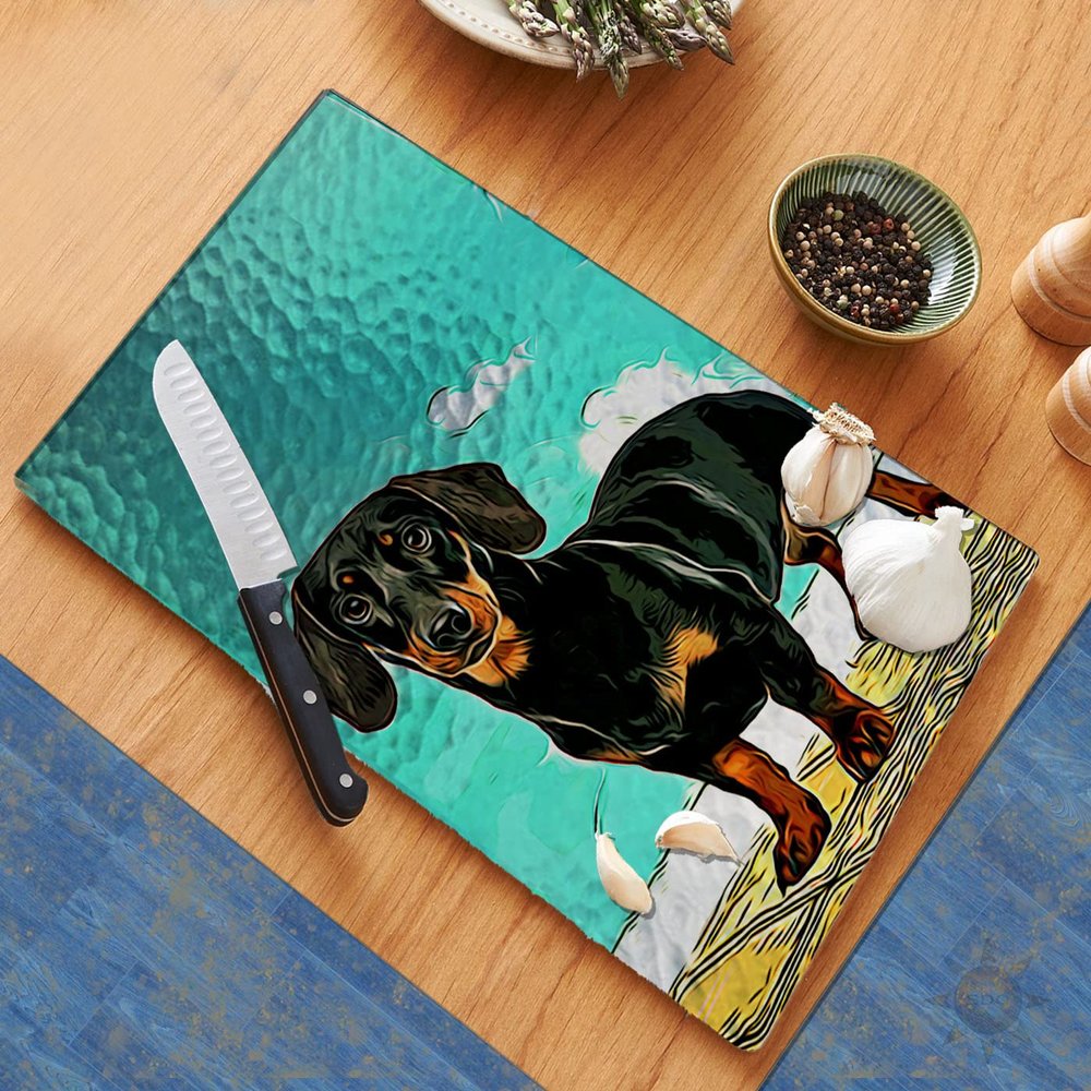 Adorable Dachshund Puppy Cutting Board Counter Decorative Glass Cutting Board, Trivet, Kitchen Counter Art