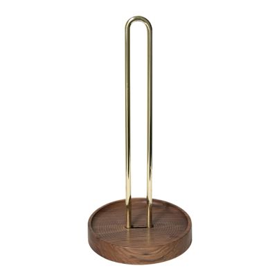 LIU- Freestanding Paper Towel Holder for Kitchen Countertops, Golden Brass Paper Towel Stand with Walnut Wood Thick Base, Fits Standard or Jumbo- Sized Rolls